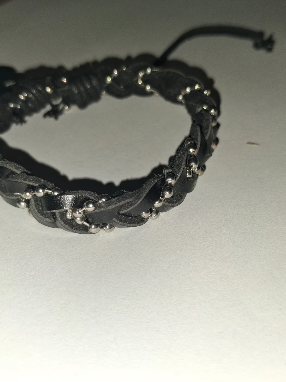 Mens Black Braided Leather Bracelet with Silver Beads